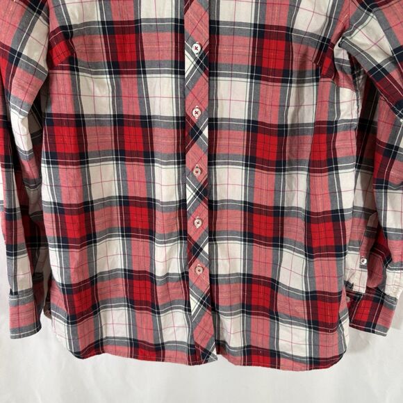 Talbots Blouse Women's Medium Red White Metallic Plaid Button Up Long Sleeve - Picture 3 of 9